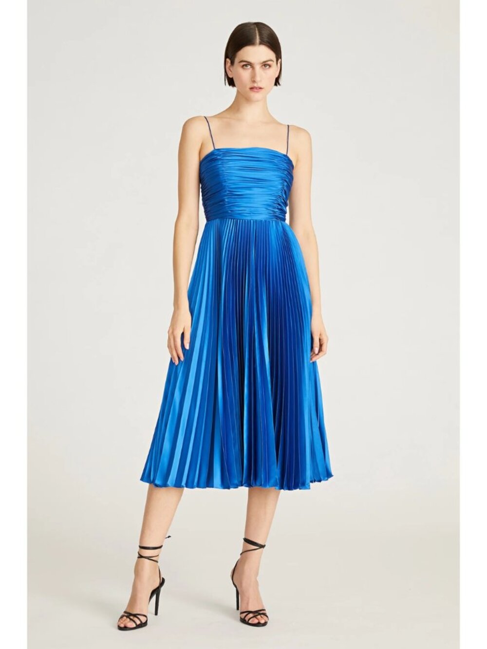 AMUR Heba Pleated Satin Midi Dress Brilliant Blue Size 4